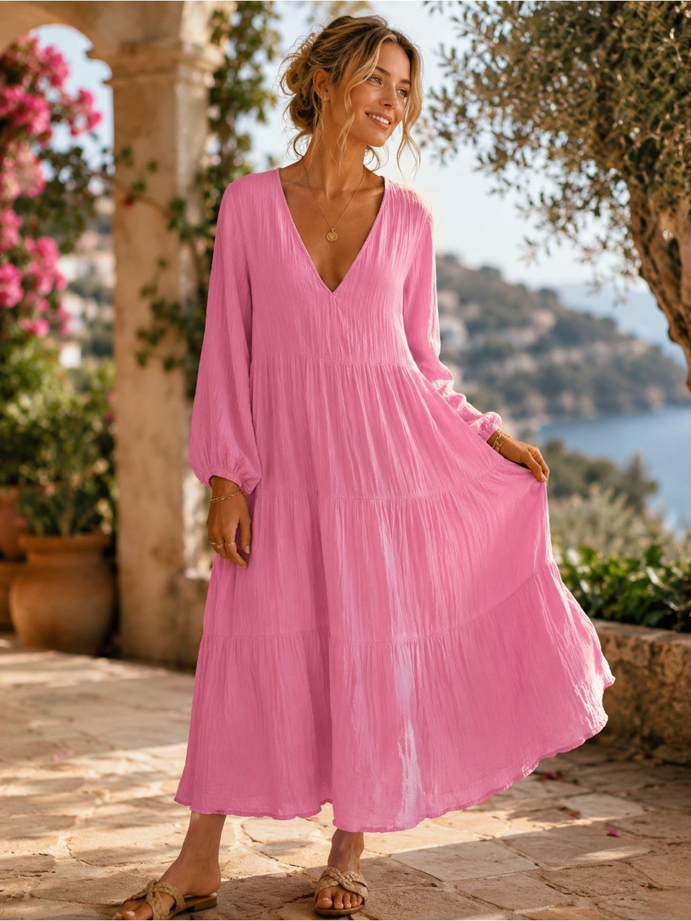 Universal Thread Pink V-Neck Tiered Midi Dress